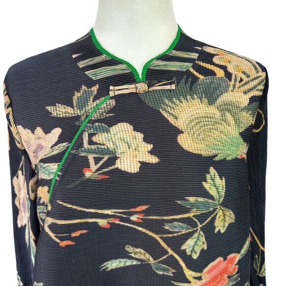 HMYT He Mei Ya Te Top Large Black Floral Orient Pleated Glam Elegant Chic Unique - Picture 4 of 12